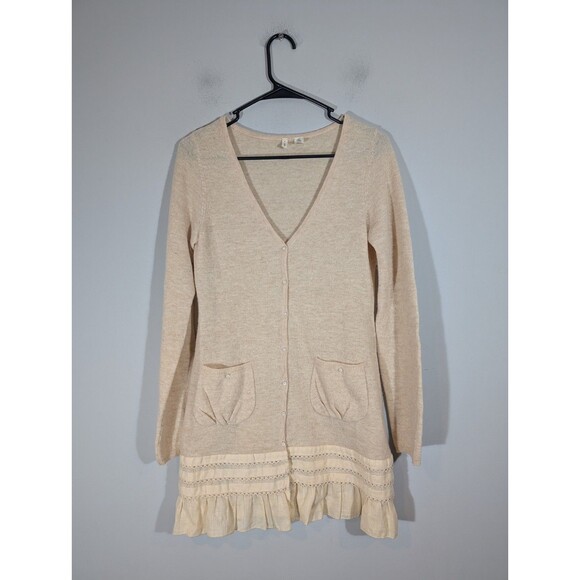 Moth Women Beige Wool Blend Ruffle Hem Sweater Sz S Romantic Academia Feminine - Picture 1 of 8